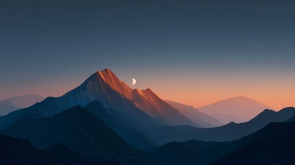 Obraz premium Layered mountain range, sunset glow on peak, crescent moon in clear sky