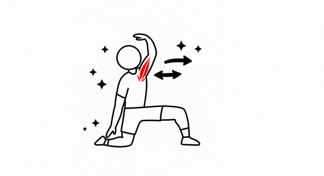 Engaging doodle illustration of a person actively stretching their arm, highlighting upper body mobility, exercise routine, and the benefits of a healthy, flexible physique