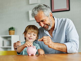 Grandparent And His Grandson Putting Coin Money In Piggybank  At Home. Personal Savings, Bank...
