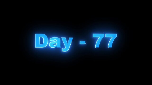 Blue Glowing Neon Text Saying Day 77 on Black Background. A simple digital counter or challenge milestone graphic with bright cyan luminescent lettering for progress tracking.