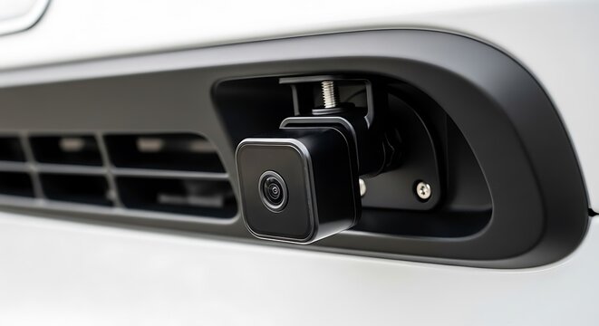 A close-up view of a car's rearview camera mounted on a sleek white vehicle