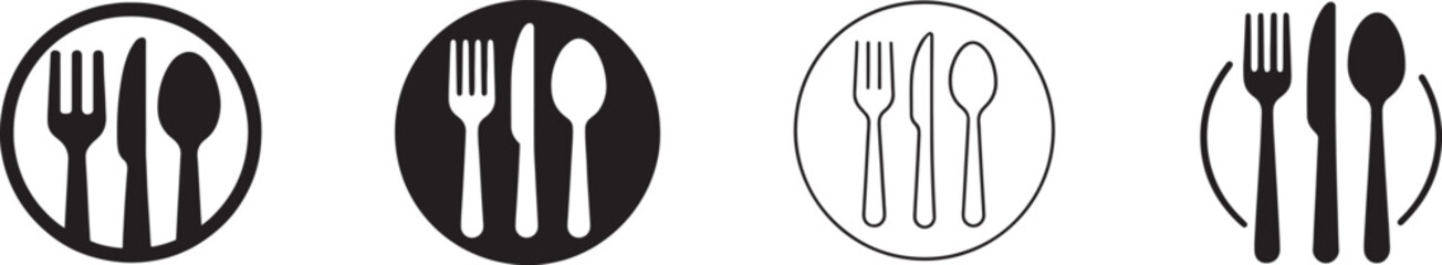 Flat cutlery icon set with fork, knife and spoon silhouettes for menu, logo and design.