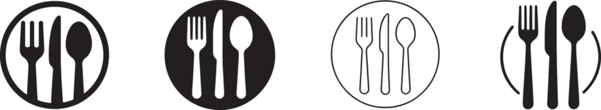 Flat cutlery icon set with fork, knife and spoon silhouettes for menu, logo and design.