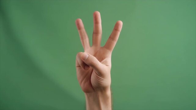 A close-up shot of a human hand gesturing the number three with three fingers extended upwards against a simple, vibrant green studio background, emphasizing counting or selection