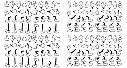 Retro cartoon legs and hands, Hands with gloves and feet with boots, various poses for characters, a set of poses, gestures, placement of hands and feet. Mascot character set. © Miftahul Nehar