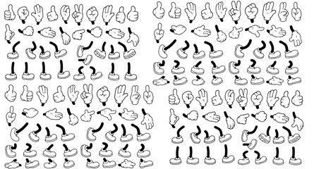 Retro cartoon legs and hands, Hands with gloves and feet with boots, various poses for characters, a set of poses, gestures, placement of hands and feet. Mascot character set. © Miftahul Nehar