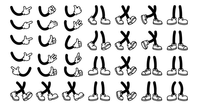 Retro cartoon legs and hands, Hands with gloves and feet with boots, various poses for characters, a set of poses, gestures, placement of hands and feet. Mascot character set.