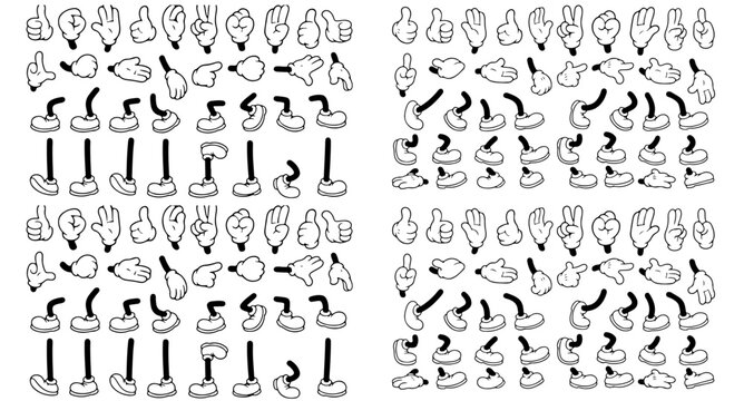 Retro cartoon legs and hands, Hands with gloves and feet with boots, various poses for characters, a set of poses, gestures, placement of hands and feet. Mascot character set.