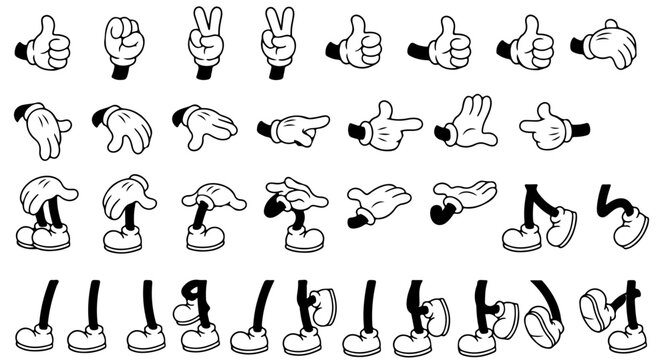 Retro cartoon legs and hands, Hands with gloves and feet with boots, various poses for characters, a set of poses, gestures, placement of hands and feet. Mascot character set.