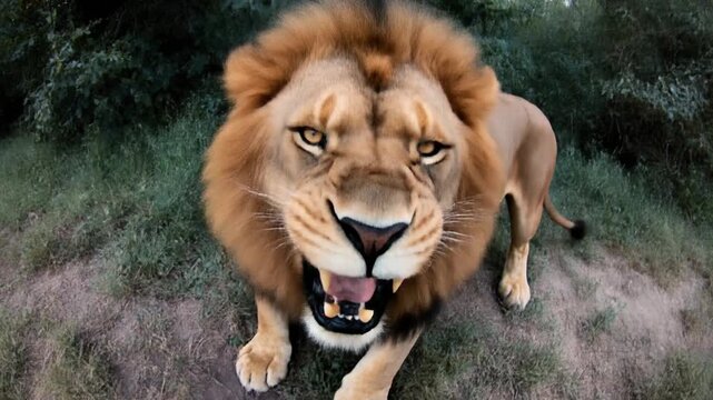 Angry male lion roaring ferociously at camera