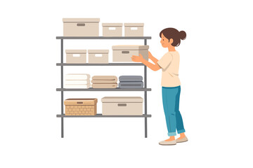 Organizing storage shelves with boxes and towels in a home setting during daytime