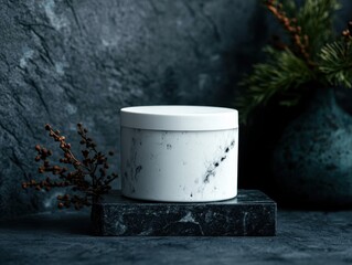 White ceramic container with marble design sits on dark stone.