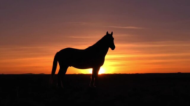 A wild black stallion silhouette runs across a desert landscape at sunset, showcasing a western nature illustration of a majestic mammal against a glowing sun and sky