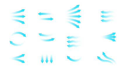 Air flow vector set. Blue arrows showing direction of movement and wind stream. Cold fresh air from conditioner. Isolated on white background illustration for climate control and ventilation.