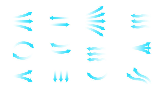 Air flow vector set. Blue arrows showing direction of movement and wind stream. Cold fresh air from conditioner. Isolated on white background illustration for climate control and ventilation.