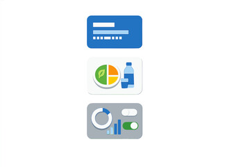Icons show data visualization, health tracking, and account management on a plain background