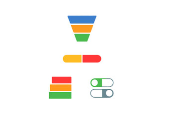 Colorful shapes and objects are arranged in a clear layout with various sizes and colors representing different concepts