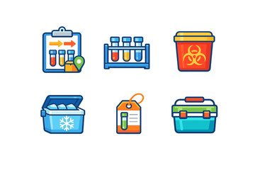 Graphics show various laboratory equipment and containers used for handling samples and hazardous materials in a laboratory setting