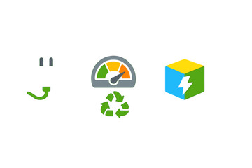 Power plug, energy meter, and energy cube symbols represent energy management and sustainability in various contexts during daytime