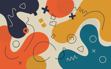 Fototapeta premium Dynamic abstract vector background featuring flowing organic liquid shapes in a trendy retro palette of deep blue, burnt orange, and mustard yellow.