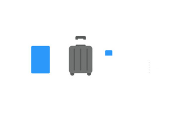 Travel essentials include a suitcase, travel documents, a water bottle, and a tablet. Items are arranged on a plain background