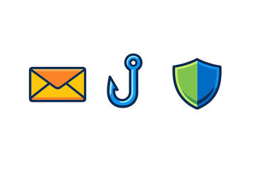 Graphic design showing an envelope, a fishing hook, and a shield, representing email security and protection from phishing attacks in digital communication