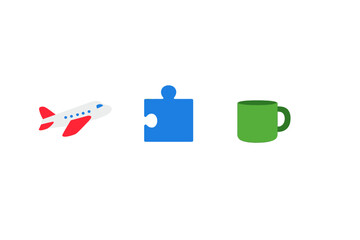 A plane, a puzzle piece, and a green cup are shown together in a simple arrangement on a white background