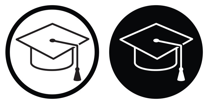 Graduation mortarboard cap vector icon. Academic achievement and education symbol for university, college, and school success. Black and white circular graphic for degree and student concepts.