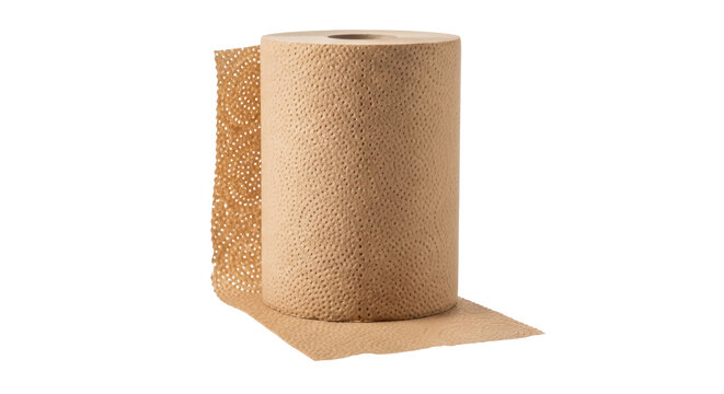 Beige paper towel roll isolated PNG on transparent background, absorbent cleaning supply for kitchen and bathroom use