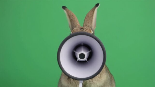 A charismatic rabbit holds a prominent megaphone, appearing ready to make a significant announcement or deliver a loud message, isolated against a bright green screen background