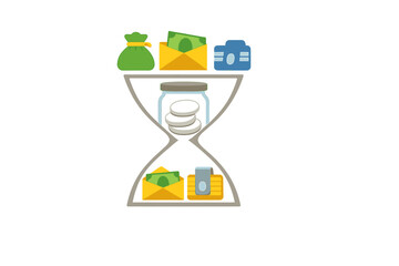 Time and money mix as coins, bills, and savings envelopes fill an hourglass shape, showing the importance of financial planning in our lives today