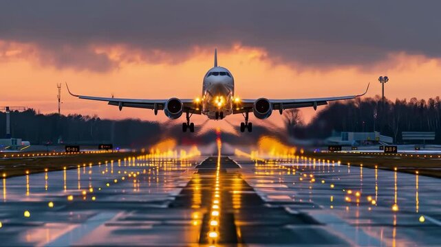A passenger liner taking off at sunset with a brightly lit runway will convey the dynamics of travel and serve as a striking backdrop for tourism advertising campaigns.
