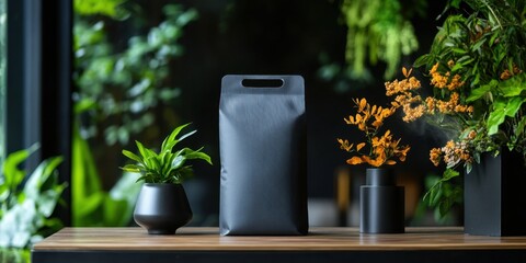 Dark grey paper bag sits amongst potted greenery.