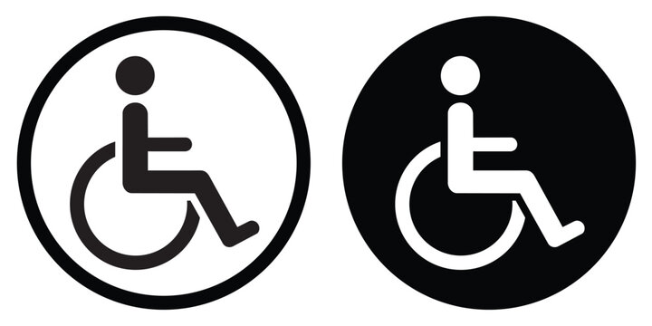 Handicap wheelchair accessibility icon in circular button. International disability access symbol for medical facilities, inclusive signage, and patient mobility services.