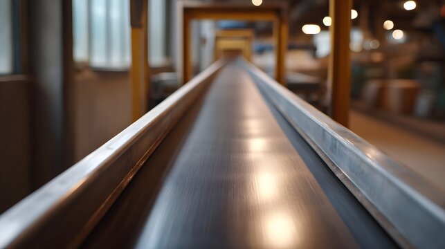 Industrial conveyor belt system in a factory showing movement and reflection