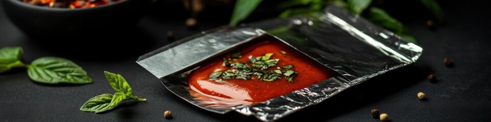 Sealed pouch of tomato sauce with herbs.