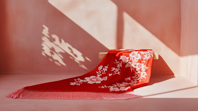 Red embroidered Manila shawl with floral patterns and fringes, representing traditional Spanish and Andalusian culture with elegant textile craftsmanship.