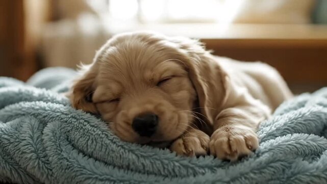 An adorable brown cocker spaniel puppy and domestic canine pet sleeping comfortably on a bed and couch