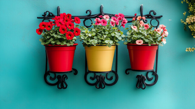 Colorful Andalusian style flower pots with geraniums and petunias on a turquoise wall, reflecting traditional Spanish patio decor and Mediterranean charm.