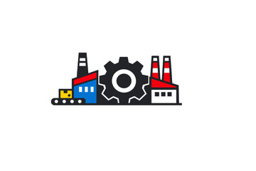 Naklejka premium Illustration shows factories with smokestacks and a large gear, representing industrial activity in a city setting during daytime