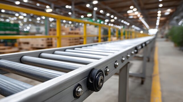 Perspective view of an empty industrial roller conveyor system for material handling in a modern warehouse