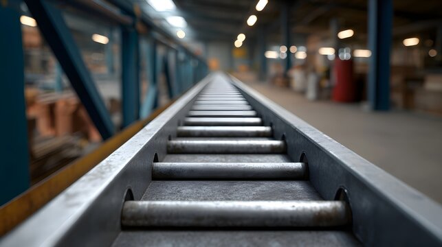 Industrial conveyor belt system extending into a blurred factory interior