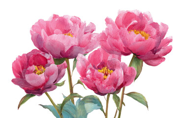 Obraz premium Pink peony flowers isolated on transparent background. Pink peonies watercolor botanical illustration art bouquet isolated on white background.