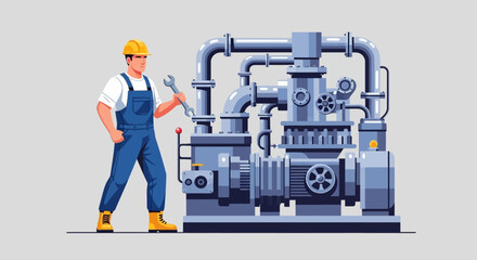 Industrial worker beside large industrial machinery in a factory setting.