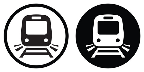 Front view train icon in circular badge. Public transportation symbol for metro, subway, and railway transit systems in urban city infrastructure design. © bibin