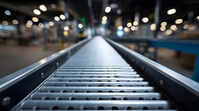 A metal roller conveyor system extends into the distance within a modern industrial facility showcasing automation and production infrastructure