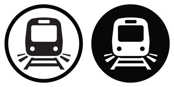 Front view train icon in circular badge. Public transportation symbol for metro, subway, and railway transit systems in urban city infrastructure design.