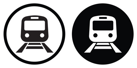 Front view train icon in circular badge. Public transportation symbol for metro, subway, and railway transit systems in urban city infrastructure design. © bibin