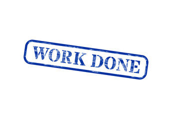A blue and white distressed stamp with the text work done on a black background flat line outline