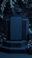 Dark blue smartphone displayed on a tiered, nature-inspired platform.